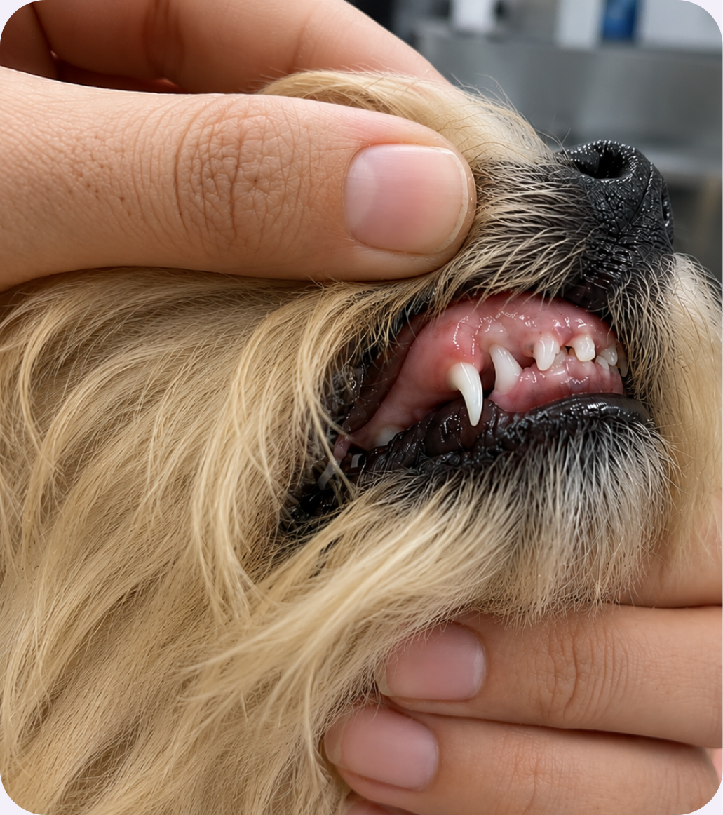 Close-up of a puppy's double fang caused by persistent deciduous teeth, highlighting the importance of early dental assessment and treatment at Vetland.